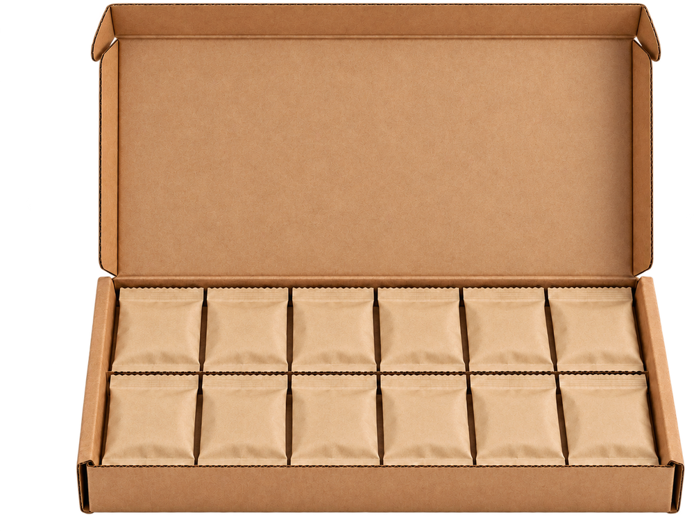 Open CrawlSafe refill box showing 12 individually sealed tablet sachets laid flat in two rows of six