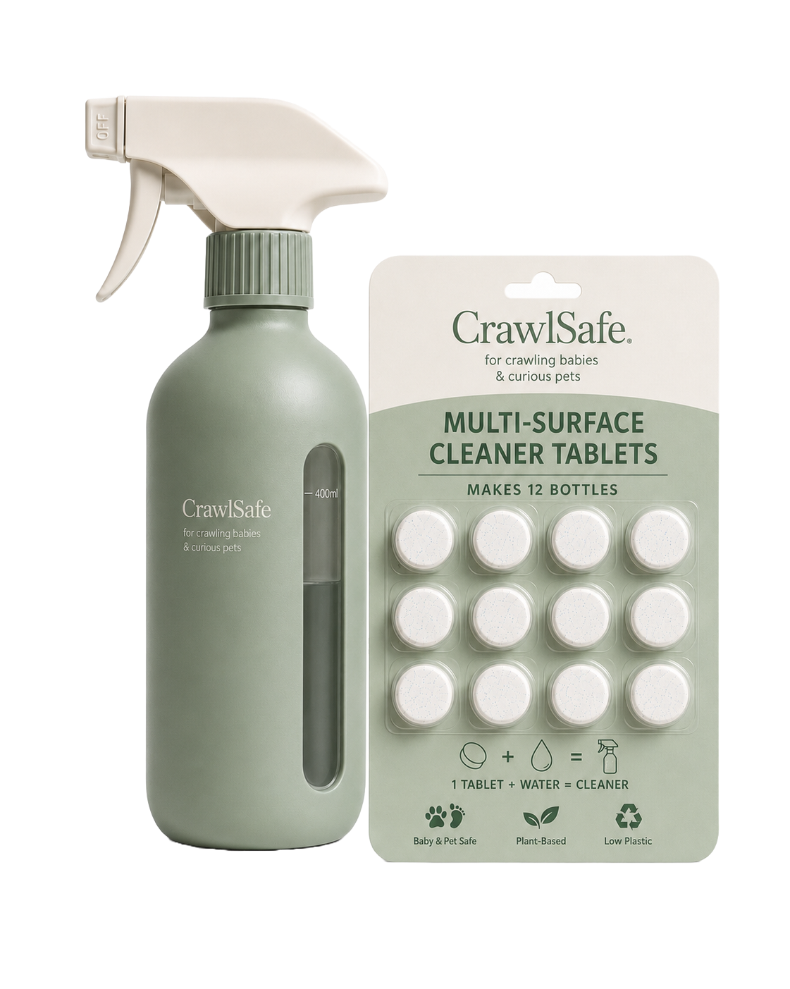 CrawlSafe Starter Kit: reusable spray bottle and 12-tablet pack